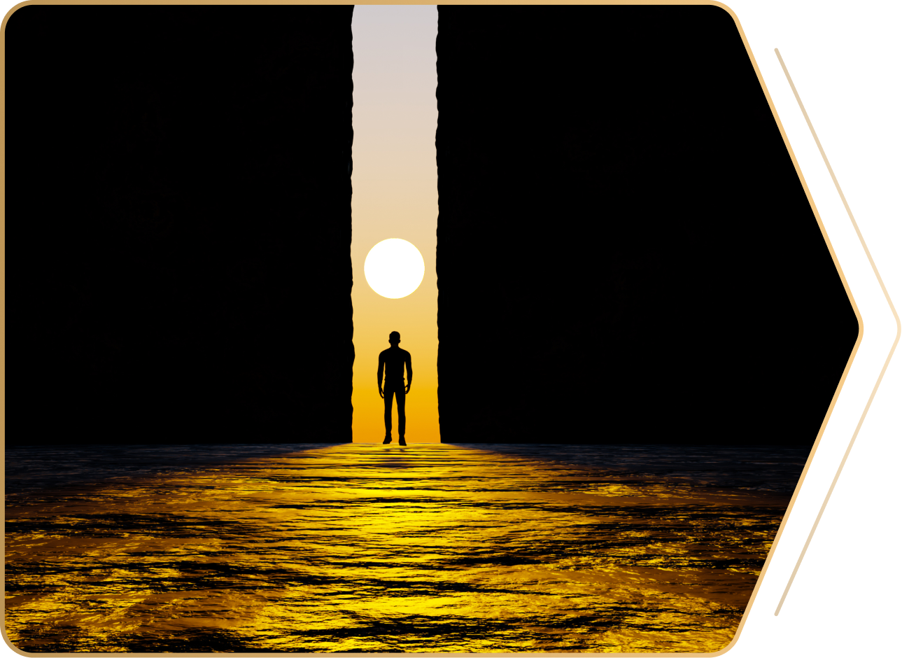 Person facing sunset through vertical gap